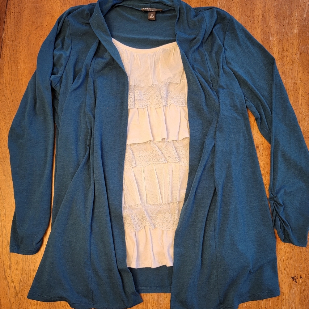 Women's I.N.Studio Blue Cardigan with White Ruffle Top - Size 1x